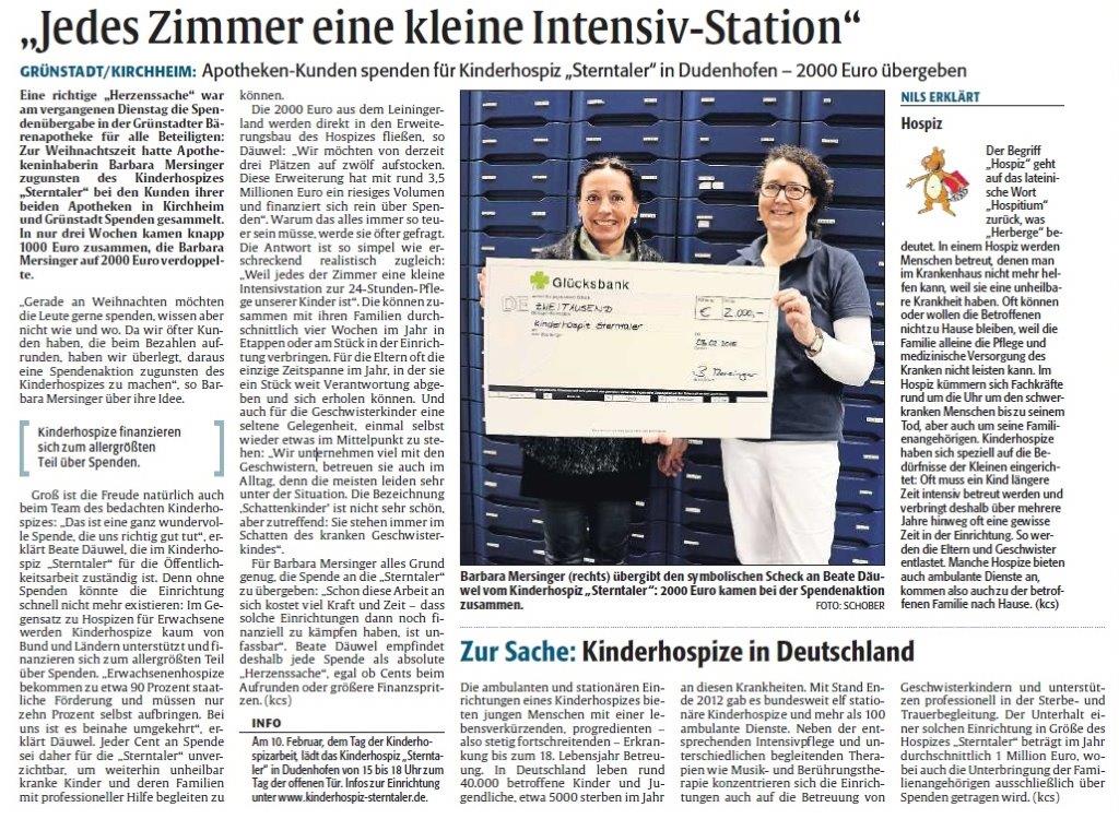 Bären- und Stern-Apotheken-Kunden spenden für Kinderhospiz Sterntaler